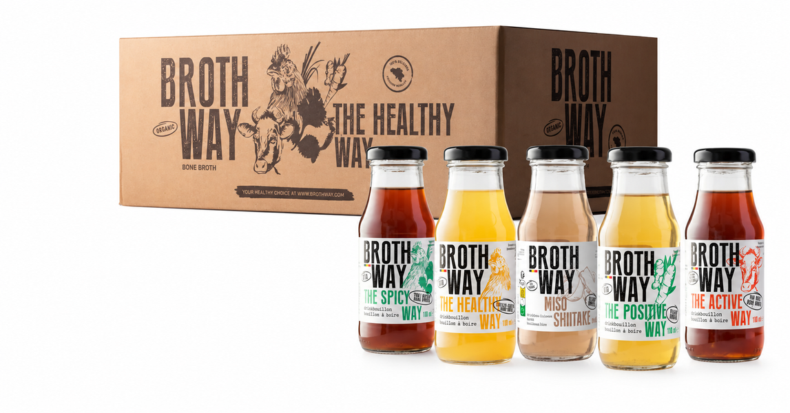 Brothway assortment featuring five artisanal broths — The Spicy Way, The Healthy Way, Miso Shiitake, The Positive Way and The Active Way — displayed in front of a large Brothway box
